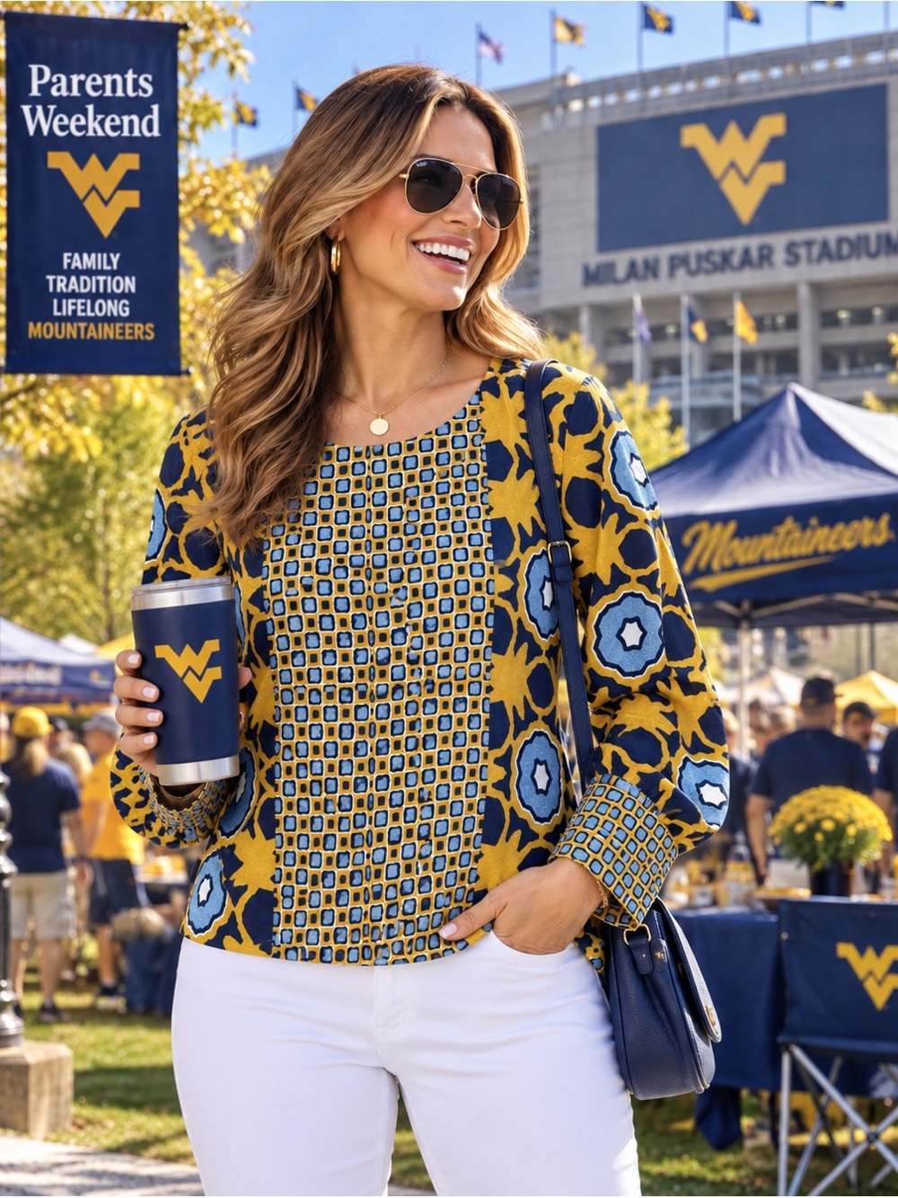 Chico’s Size 2 US 12 Blue Gold Blouse WVU Parents Weekend Game Day Top